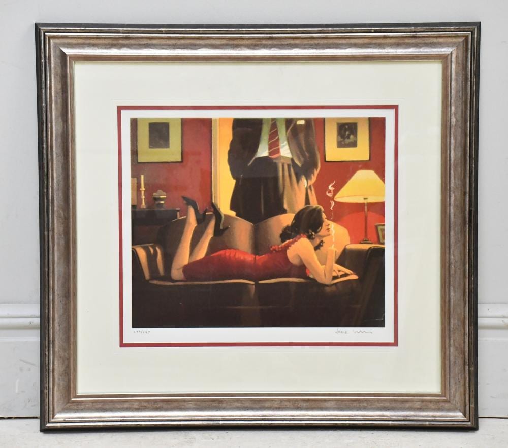 jack vettriano 1951 2025 pencil signed limited edition print parlour of temptation numbered 282 295 43 x 50cm framed and glazed · Adam Partridge Auctioneers · 2025-09-26 Jack Vettriano comparable auction result: jack vettriano 1951 2025 pencil signed limited edition print parlour of temptation numbered 282 295 43 x 50cm framed and glazed