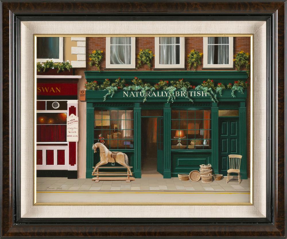 jurek jablonski poland 1943 naturally british a street scene with a hobby horse in front of a storefront acrylic on board 14 x 18 framed 19 5 x 23 5 · Eldred's · 2025-10-09 Jurek Jablonski comparable auction result: jurek jablonski poland 1943 naturally british a street scene with a hobby horse in front of a storefront acrylic on board 14 x 18 framed 19 5 x 23 5