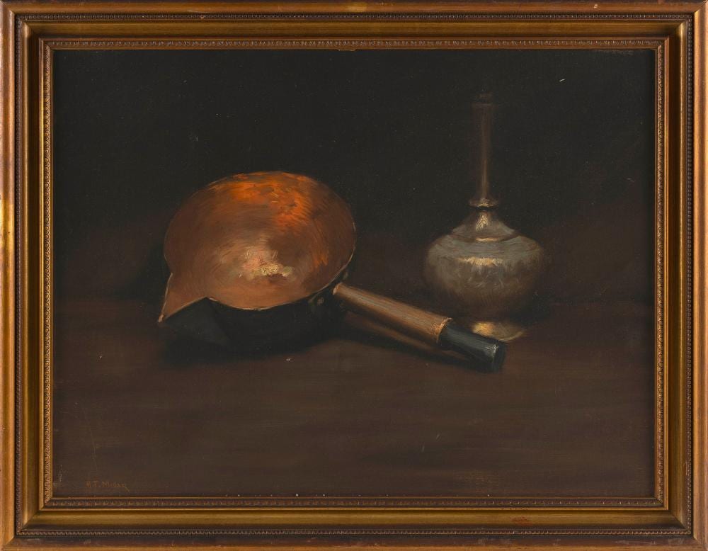 Addison Thomas Millar comparable auction result: addison thomas millar new york connecticut ohio 1860 1913 still life of brass objects oil on board 17 5 x 23 5 framed 21 x 27 5