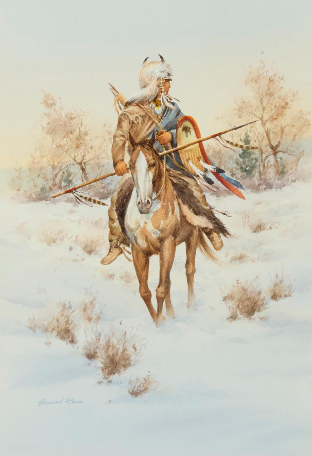 Howard Rees comparable auction result: howard rees b 1941 native american on horseback in the snow