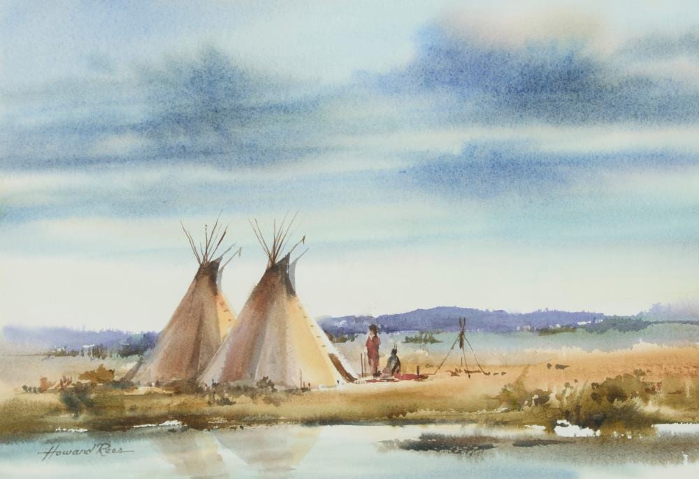 Howard Rees comparable auction result: howard rees b 1941 landscape with teepees