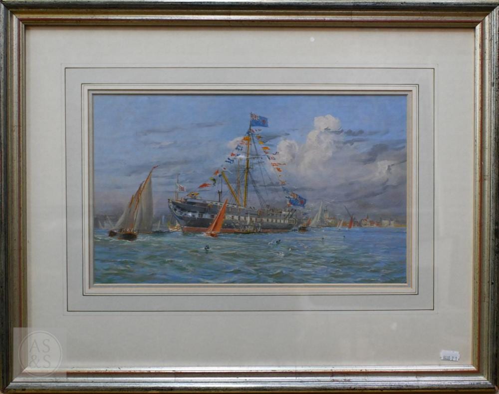 Harold Wyllie comparable auction result: harold wyllie 1880 1973 hms victory at anchor in portsmouth harbour oil on board signed