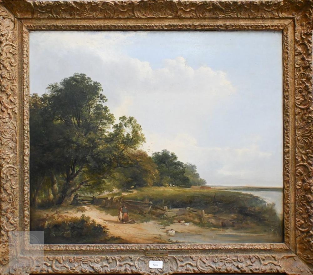 Edward Charles Williams comparable auction result: edward charles williams 1807 81 figures on a river bank in an extensive landscape oil on