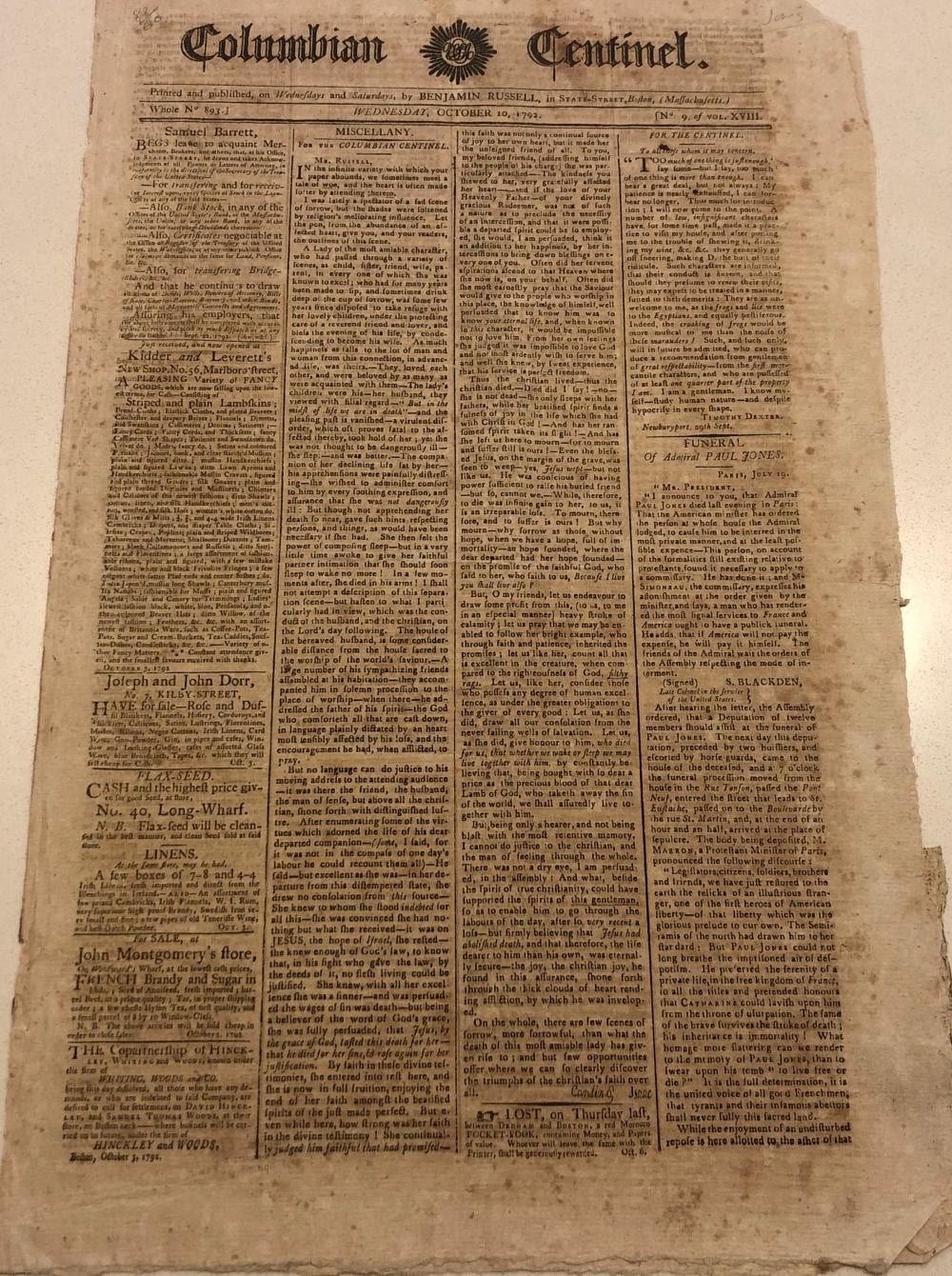 John Paul Jones comparable auction result: funeral of john paul jones 1792 boston newspaper