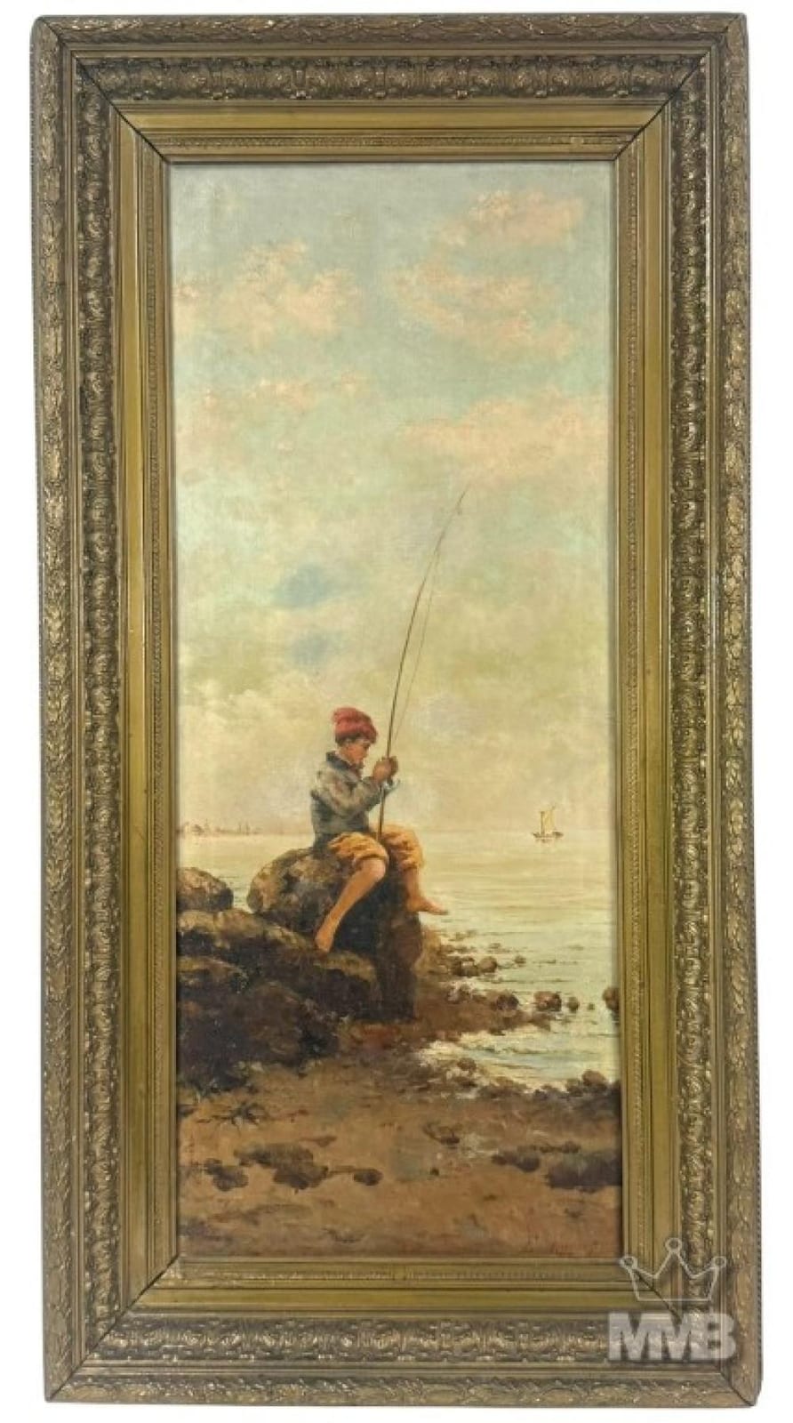 Emile Munier comparable auction result: emile munier 19th c young boy fishing oil painting