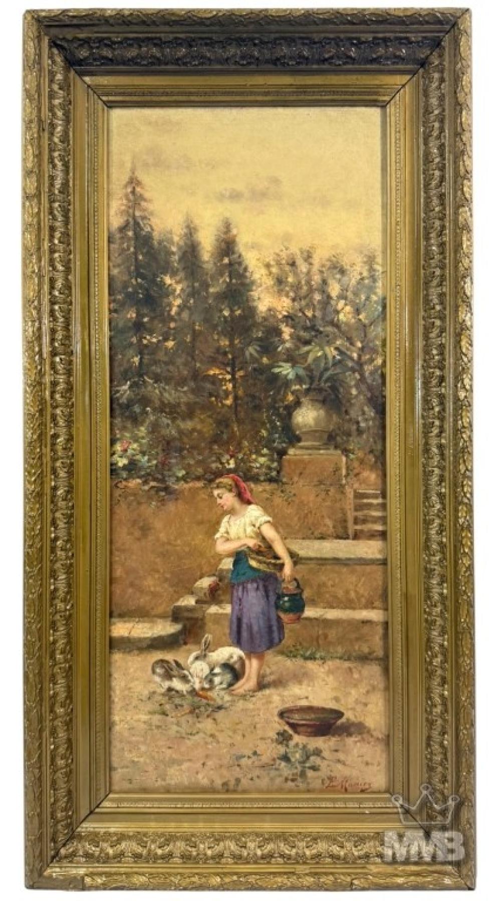 Emile Munier comparable auction result: emile munier 19th c girl w rabbits oil painting