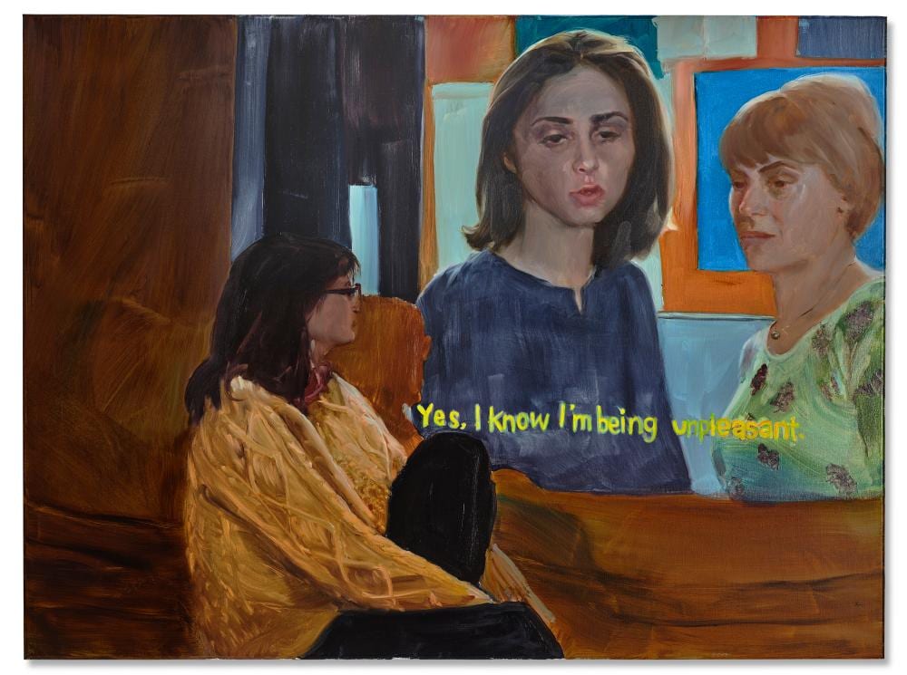 Jenna Gribbon comparable auction result: jenna gribbon b 1978 i know i m being unpleasant oil on canvas36 x 48