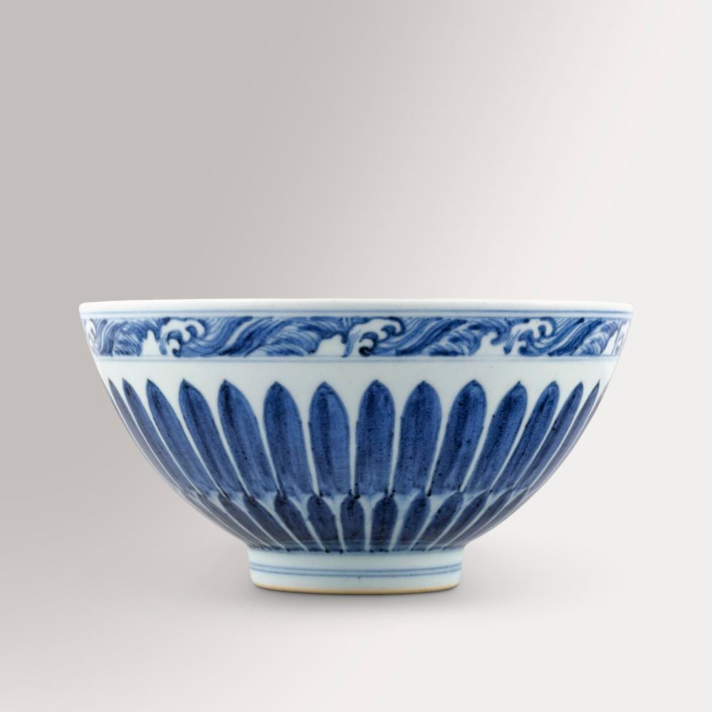 A Fine And Rare Blue And White ‘Lotus Scroll’ Bowl, LIANZI WAN. XUANDE SIX- comparable sale