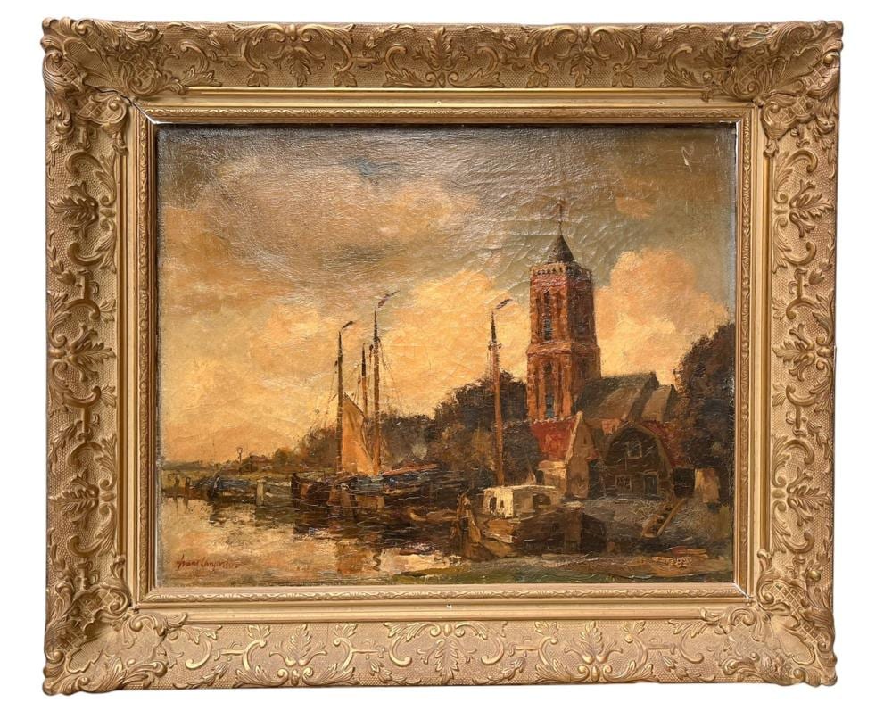 Frans Langeveld comparable auction result: frans langeveld 1876 1939 moored flat bottomed boats near a village on the water signed lower left oil on canvas 40 x 50 cm