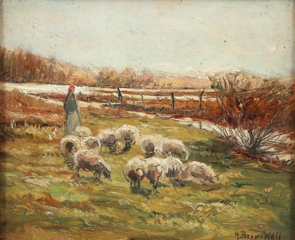 A. Bryan Wall comparable auction result: a bryan wall painting last snow sheep along a creek
