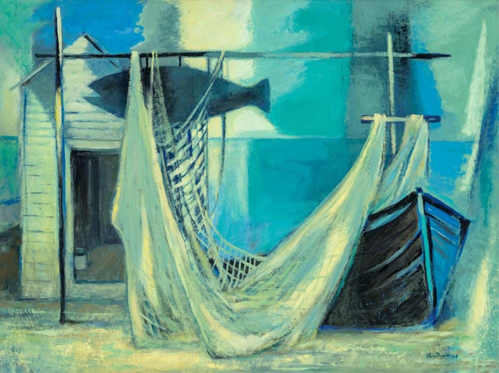 Otis Dozier comparable auction result: otis dozier 1904 1987 fish bait shop 2 1985 oil on masonite 36 x 48 inches