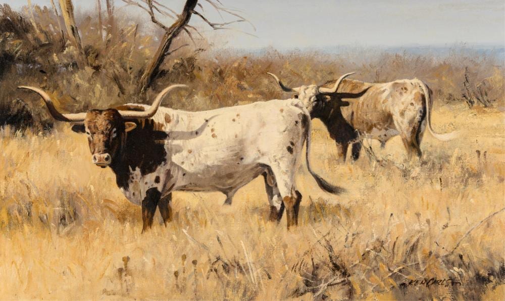 Ken Carlson comparable auction result: ken carlson b 1937 longhorns oil on linen 12 x 20 inches