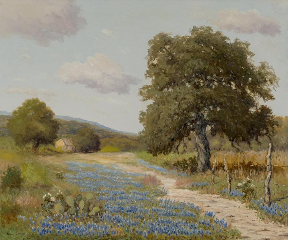 Palmer Chrisman comparable auction result: palmer chrisman 1913 1984 bluebonnets with trail oil on canvas 25 x 30 inches