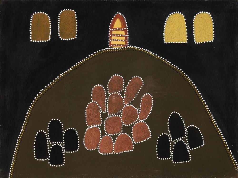 mabel juli nyarring rock natural earth pigments on canvas 90cm x 120cm · Ozbid Auctions · 2025-09-28 Mabel Juli comparable auction result: mabel juli nyarring rock natural earth pigments on canvas 90cm x 120cm