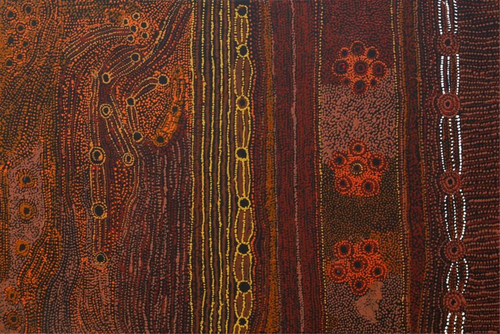 Elaine Woods comparable auction result: elaine woods minma kutjara tjukurrupa acrylic on linen 100cm x 148cm