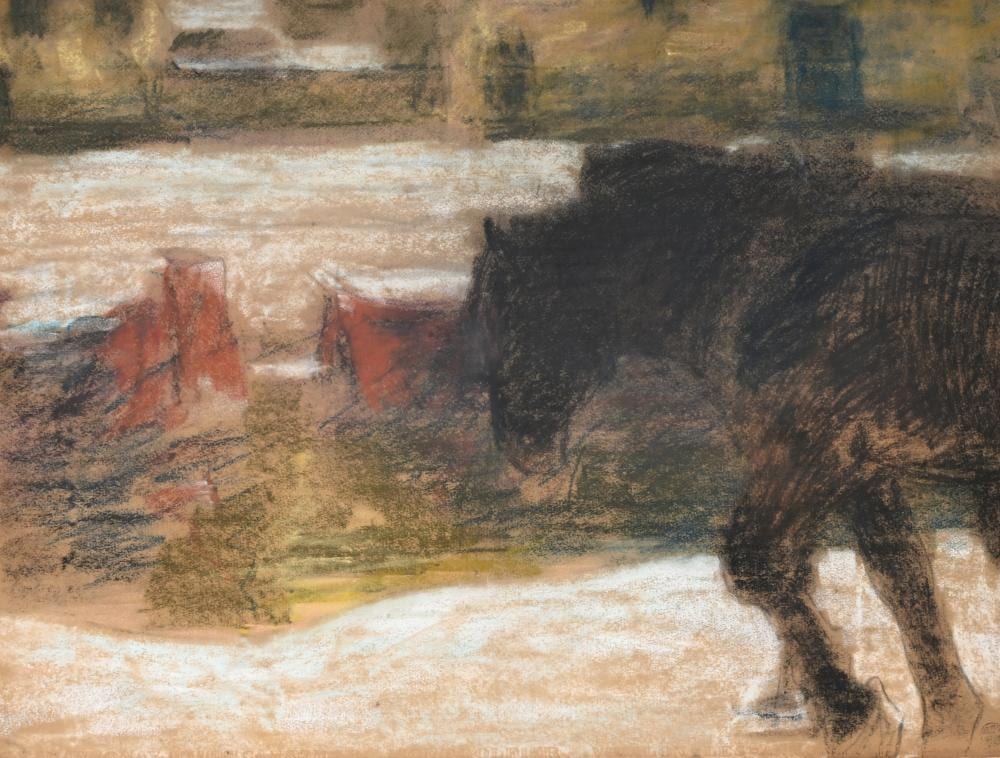 Jean Delvin comparable auction result: jean delvin 1853 1922 horse in a winter landscape with the towers of ghent in the background pastel dated 1885