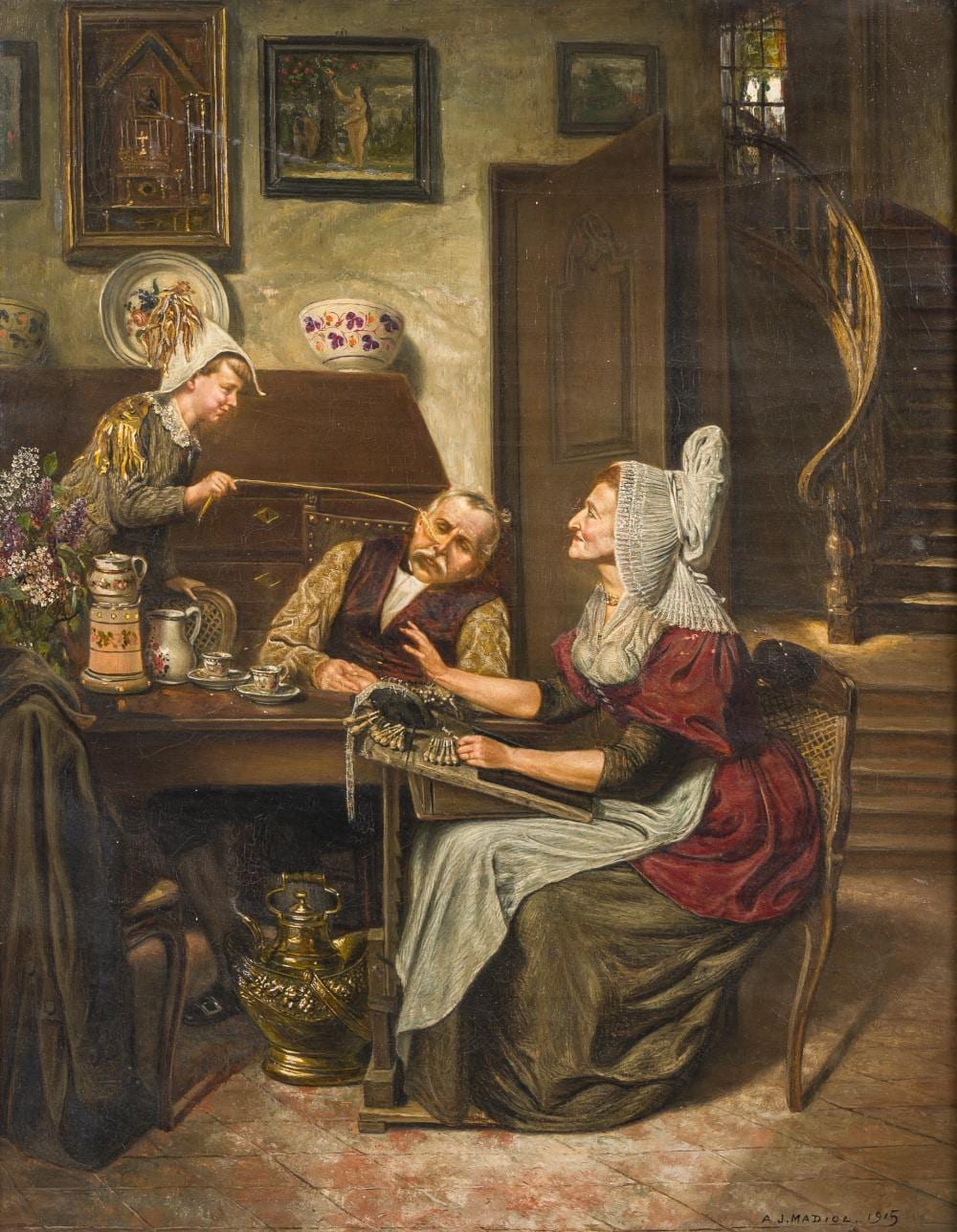 Adrien Jean Madiol comparable auction result: adrien jean madiol 1845 1927 grootvaders kleine kapoen grandfather s little rascal oil on canvas dated 1915