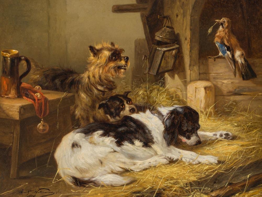zacharie noterman 1824 1890 three dogs and a jay oil on panel dated 1878 · Coronari Auctions · 2025-10-04 Zacharie Noterman comparable auction result: zacharie noterman 1824 1890 three dogs and a jay oil on panel dated 1878