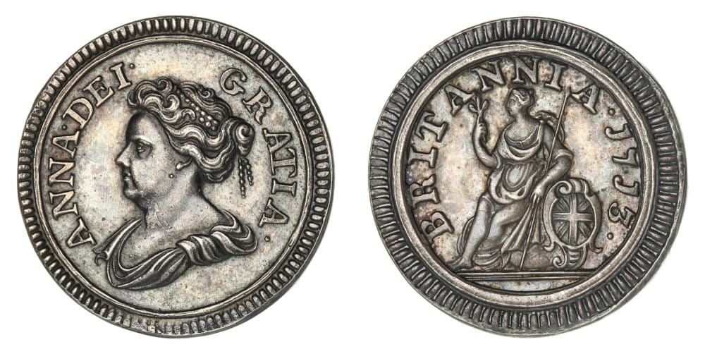 Anne Poirier comparable auction result: anne 1702 1714 silver pattern farthing 1713 anna dei gratia draped bust left rev britannia 1713 brita
