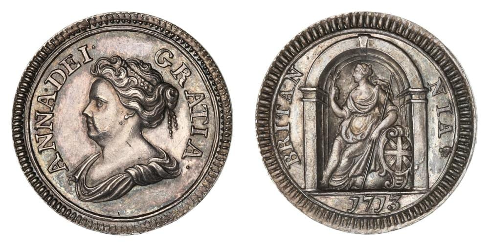 Anne Poirier comparable auction result: anne 1702 1714 silver pattern farthing 1713 anna dei gratia draped bust left rev britan nia britannia sea