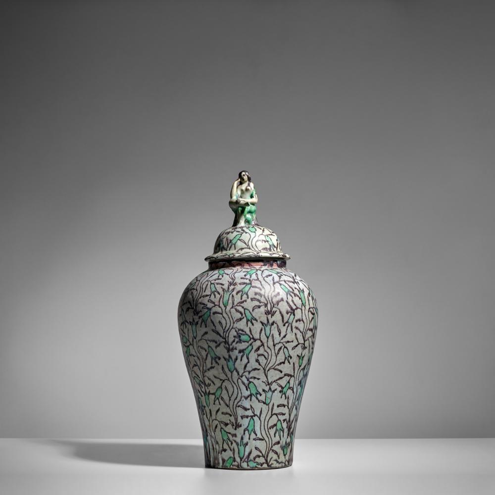 Max Laeuger comparable auction result: max laeuger 1864 1952 flora enthroned vase and covercirca 1928glazed stoneware glaze mark ml no 2037 height 20in 51cm diameter 9in 23cm