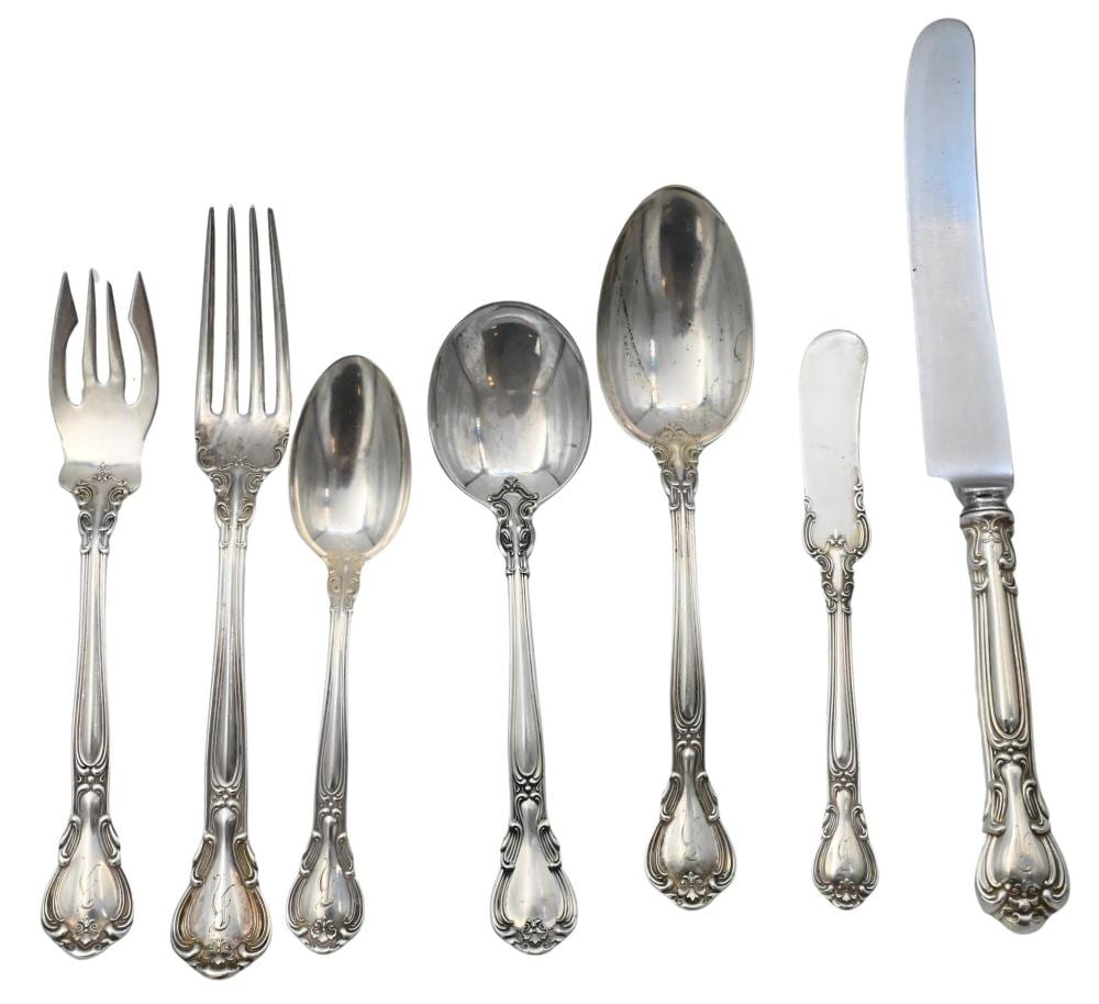 70 Piece Gorham Sterling Silver Flatware Set in Chantilly Pattern, to include six dinner forks, six salad / fish forks, six tablespoons, eight soup spoons, 12 tea spoons, six demi spoons, three place spoons, one slott... sold by Nadeau's Auction Gallery, lot 10 — auction record photograph