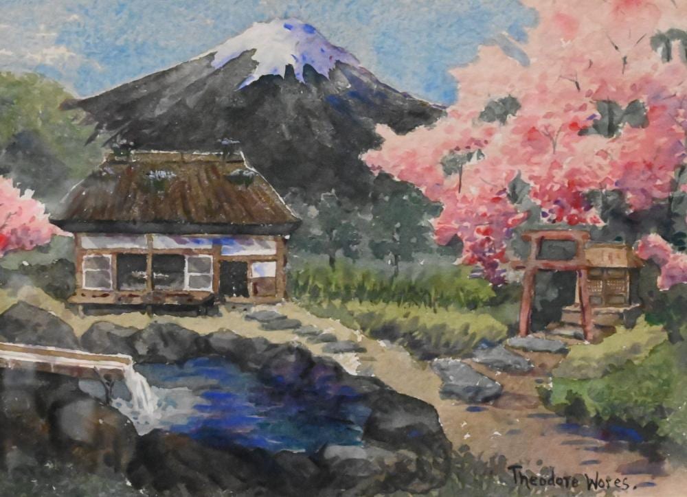 Theodore Wores comparable auction result: theodore wores american 1859 1939 japanese garden landscape with mount fuji and cherry blossoms watercolor on paper signed lower right theodore wores 8 1 2 x 11 1 2