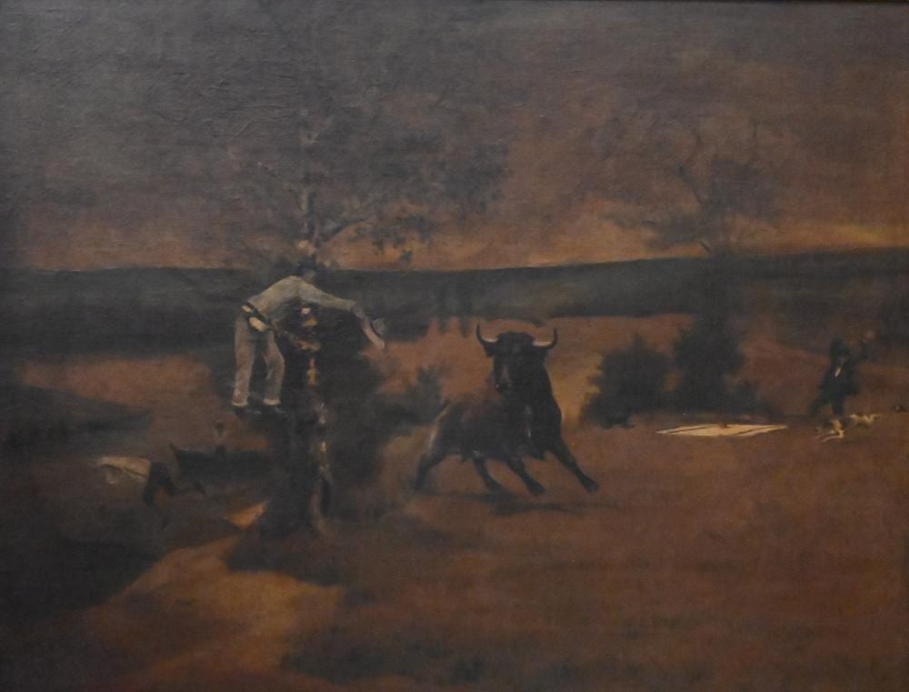 Eastman Johnson comparable auction result: eastman johnson american 1824 1906 stampeding bull in a landscape oil on canvas signed lower left e johnson 38 x 49