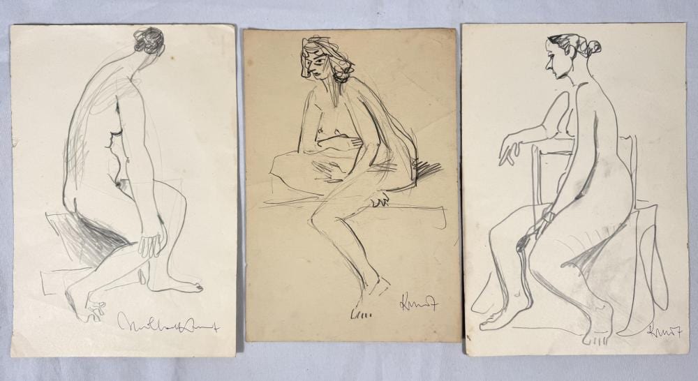 michael kmit ukraine australian 1910 1981 3 seated female nude original drawings pencil on paper · Bargain Hunt Auctions · 2025-10-05 Michail Kmit comparable auction result: michael kmit ukraine australian 1910 1981 3 seated female nude original drawings pencil on paper