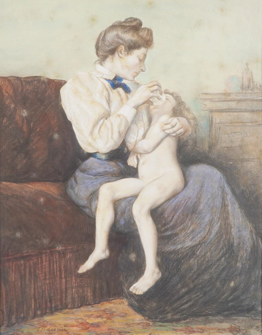 Charles Maurin comparable auction result: charles maurin pastel on paper mother feeding child signed