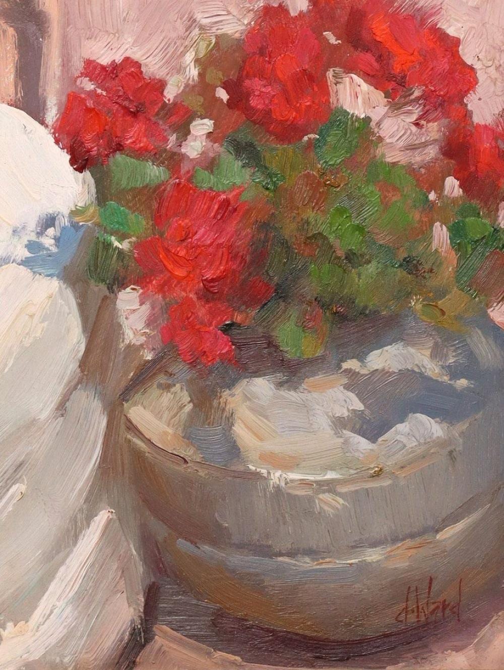 Don Ward comparable auction result: don ward b 1947 still life painting red geraniums 8 x 6