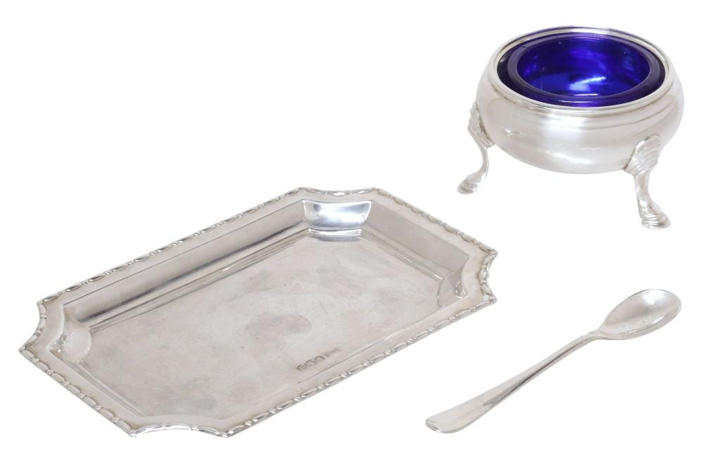 (2) GEORGE V STERLING SILVER CARD TRAY & SALT CELLAR sold by Austin Auction Gallery, lot 3027 — auction record photograph