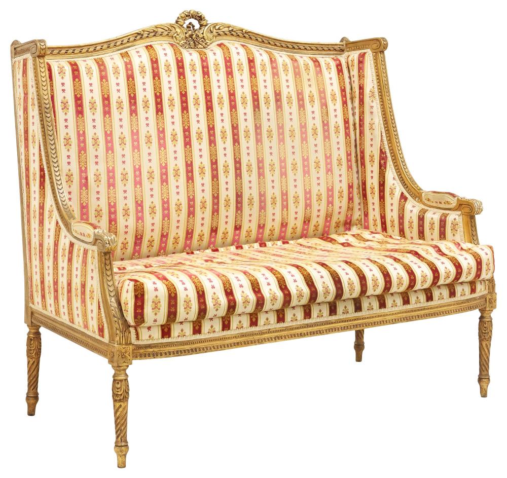 Auction comp thumbnail for FRENCH LOUIS XVI STYLE UPHOLSTERED GILTWOOD SOFA (Austin Auction Gallery, Lot 3082)