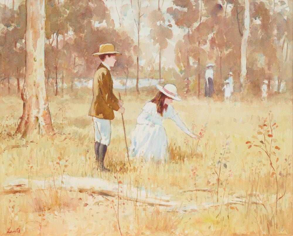 Gerrard Lants comparable auction result: gerrard lants 1927 1998 picking flowers watercolour 52x62cm frame 76x85cm