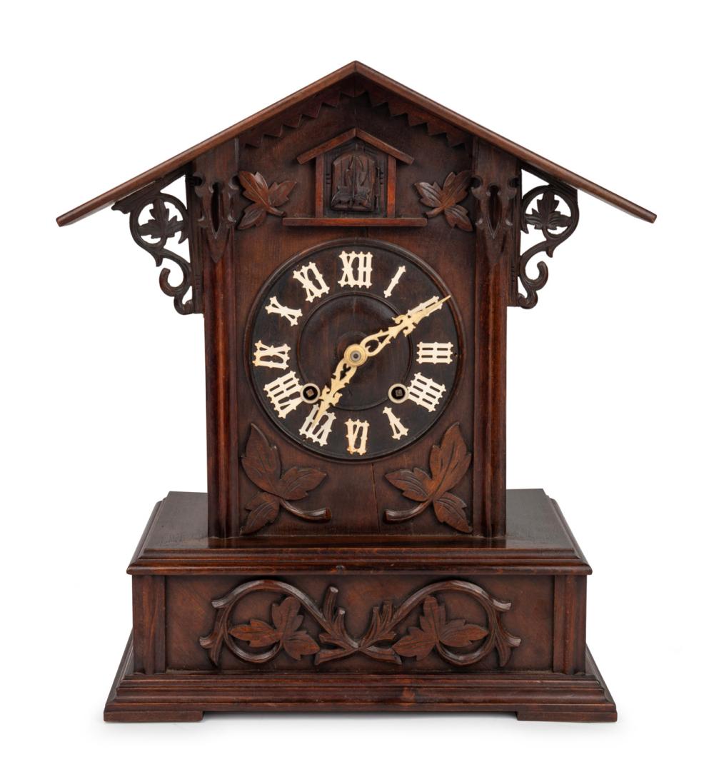 BLACK FOREST antique German cuckoo clock with skeletonized movement stamped "GHS For Gordian Hettich Sohn" and fusee time train and going barrel cuckoo strike, 19th century, 48cm high. sold by Leski Auctions Pty Ltd, lot 275 — auction record photograph