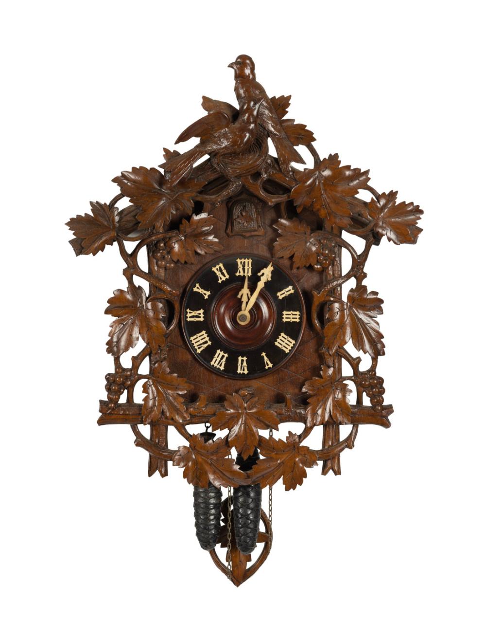 BLACK FOREST antique German weight driven cuckoo clock, time and gong striking movement, 19th/20th century, 58cm high. sold by Leski Auctions Pty Ltd, lot 279 — auction record photograph