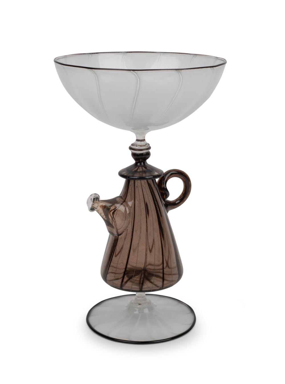 Dick Watkins comparable auction result: richard dick marquis exceptional american art glass centrepiece with teapot stem in fine black and white latticino engraved marquis melbourne 1994 21 5cm high
