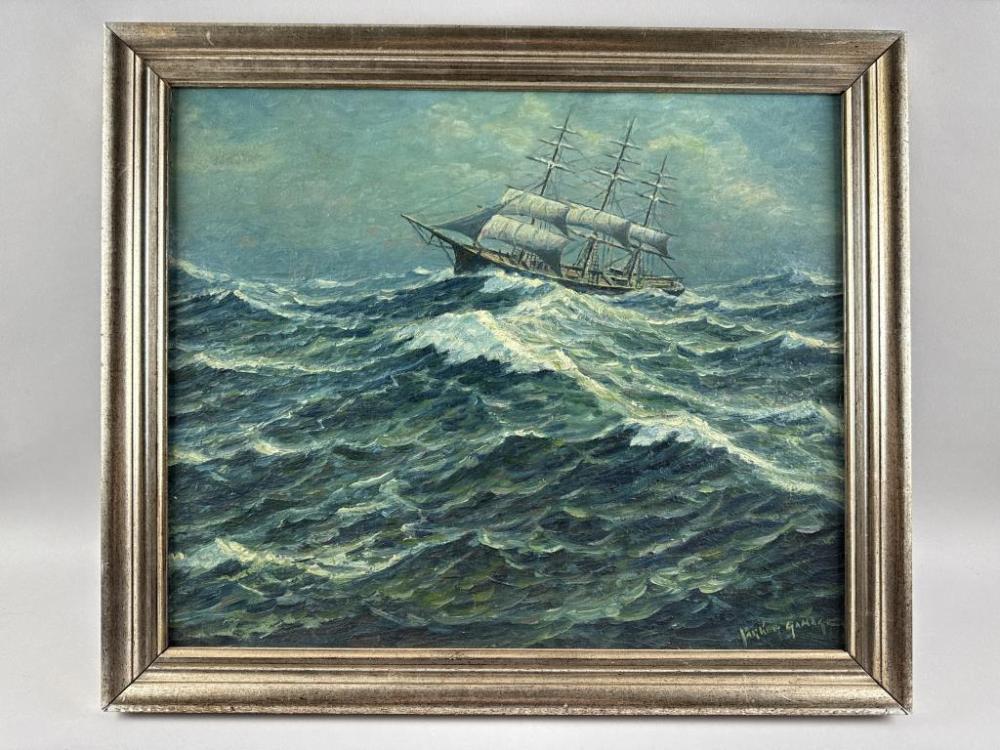 Parker Gamage comparable auction result: parker gamage maine 1882 1960 clipper ship in rough seas oil on board 21 5 x 25 5 framed 25 5 x 29 5