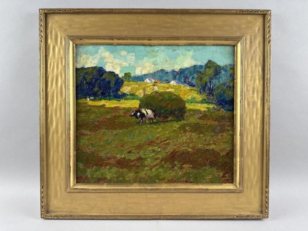 henry ryan macginnis new jersey indiana vermont 1875 1962 field with hay wagon and cows oil on board 14 x 16 framed 20 x 22 · Sandwich Auction House · 2025-10-15 Henry Ryan MacGinnis comparable auction result: henry ryan macginnis new jersey indiana vermont 1875 1962 field with hay wagon and cows oil on board 14 x 16 framed 20 x 22