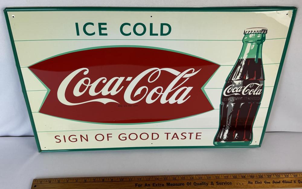 Vintage 1950's Coca-Cola "Sign of Good Taste" Fishtail with Bottle MCA 225 Advertising Tin Litho Sign NEW OLD STOCK sold by One Source Auctions, lot 125 — auction record photograph