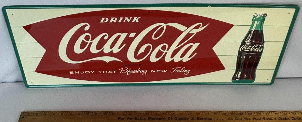 Vintage 1950's Coca-Cola "Enjoy That Refreshing New Feeling " Horizontal Fishtail w/ Bottle MCA 1455 Advertising Tin Litho Sign NEW OLD STOCK sold by One Source Auctions, lot 170 — auction record photograph