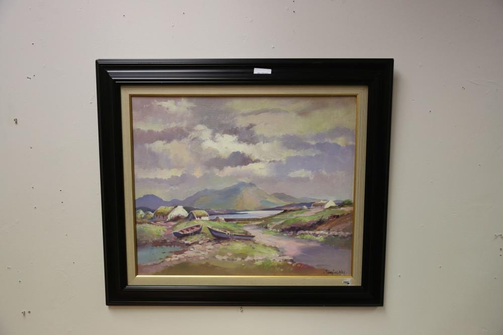 Tom Greaney comparable auction result: tom greaney boats and thatched cottages in a western landscape