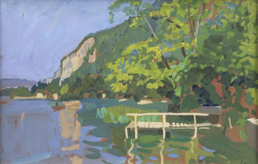 Alexander Goudie comparable auction result: alexander goudie british 1933 2004 morning on the lake annecy