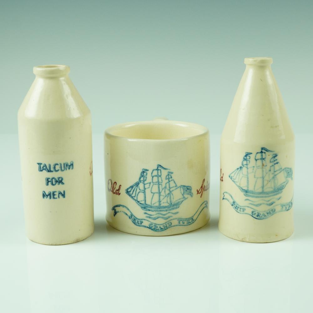 3pc Vintage Early American Old Spice Ceramic Set, Mug and Talcum Bottles sold by Lion and Unicorn, lot 29 — auction record photograph