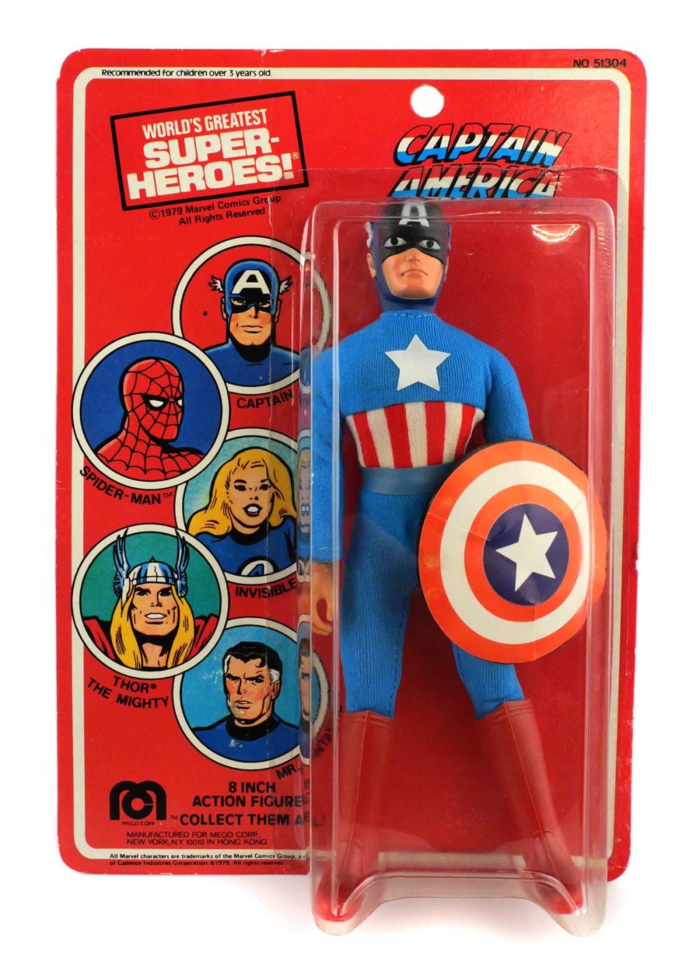 Boxed Captain America action figure in blue uniform and mask holding a circular shield emblem, inside clear plastic packaging.