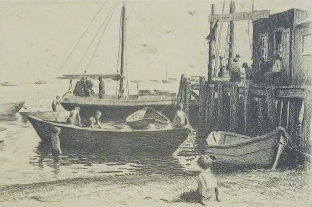 Morgan Dennis comparable auction result: morgan dennis american 1892 1960 boats to let etching frame 9 3 4 x 11 1 4 in 24 8 x 28 6 cm