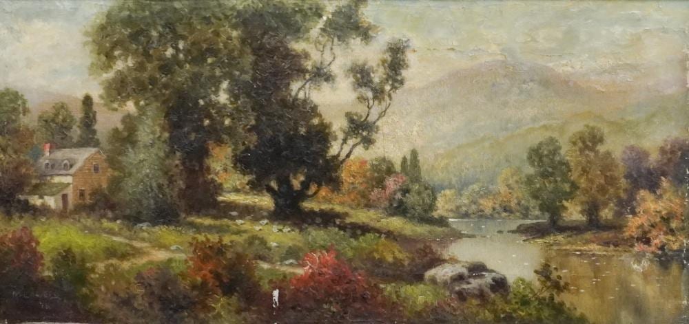 M. H. Lowell comparable auction result: milton h lowell american 1848 1927 house beside a river oil on canvas signed l l frame 13 1 2 x 25 in 34 3 x 63 5 cm