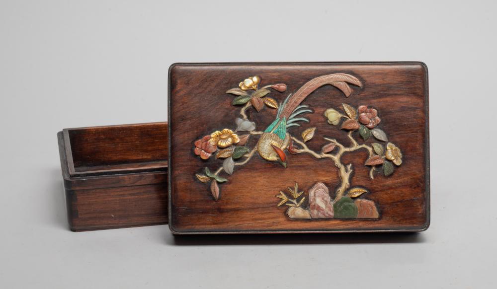 Brown rectangular wooden jewelry box with floral and bird inlay on the lid, shown open to reveal the interior.