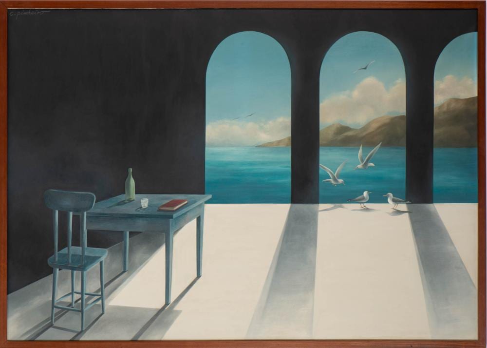António Costa Pinheiro comparable auction result: ant nio costa pinheiro 1932 2015 a cadeira e a mesa do poeta fernando pessoa num cen rio da nossa imagina o leo sobre tela