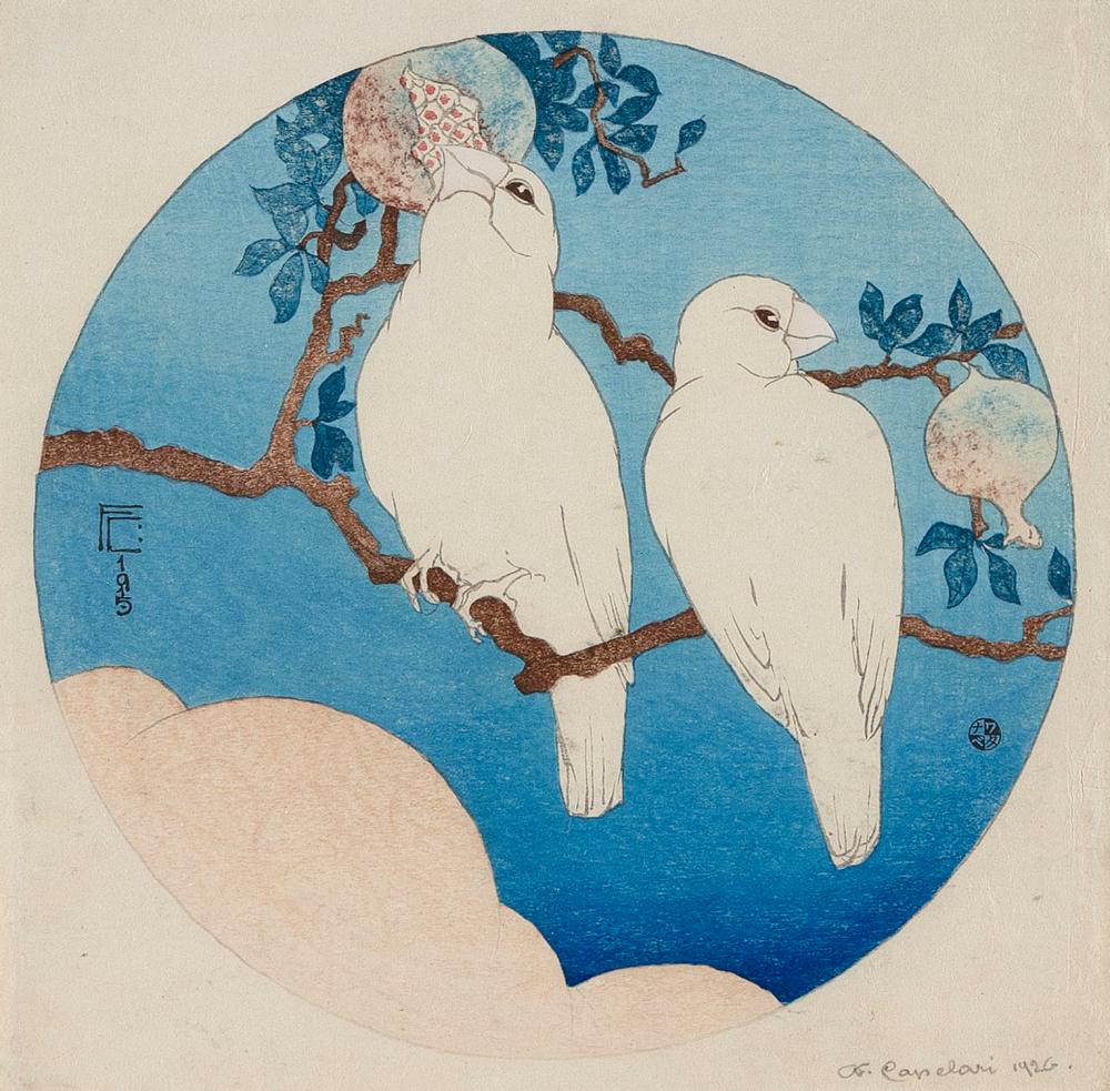 Friedrich von Amerling comparable auction result: friedrich fritz capelari austria 1884 1950 white birds on pomegranate tree at night 1926 color woodcut shikishiban 8 25 x 8 25 framed 14 5 x 14 5
